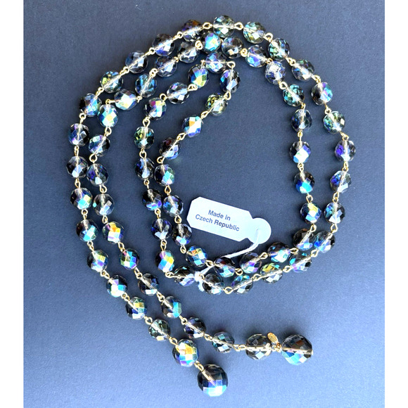 VTG Joan Rivers Lariat Necklace Czech Glass Aurora Borealis Beaded Gold Tone 44" - Picture 2 of 9